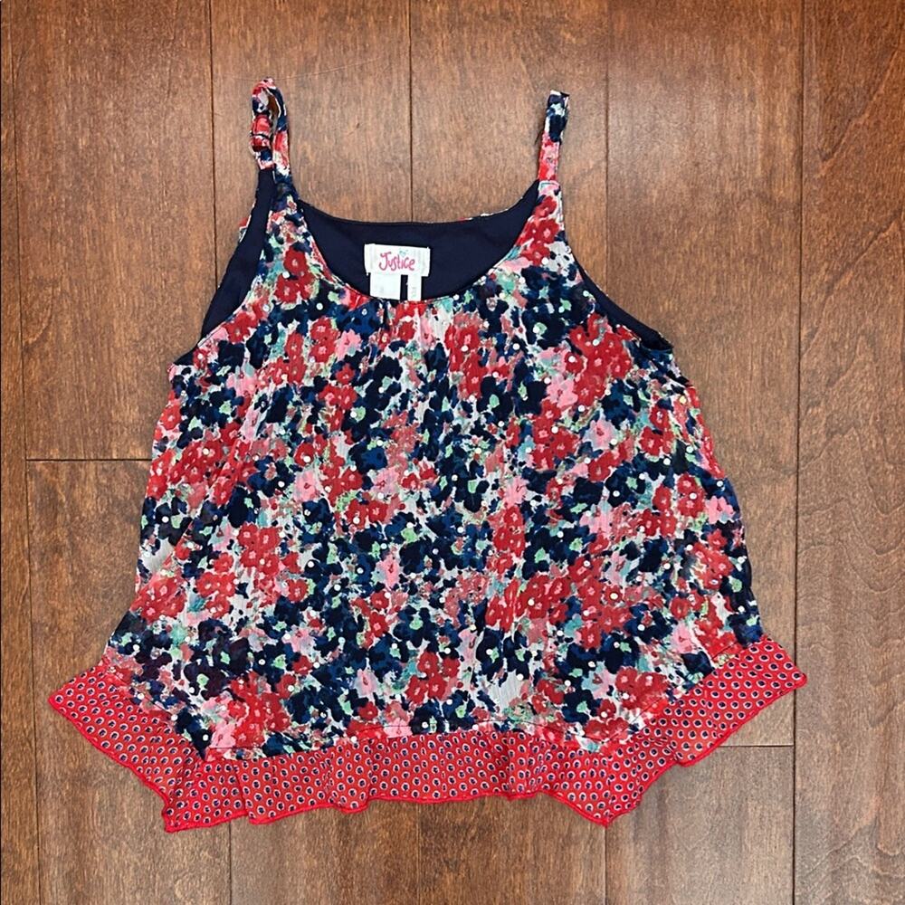 Justice Girl’s Red and Blue Floral Camisole Top with Shimmer Dots, Size 7